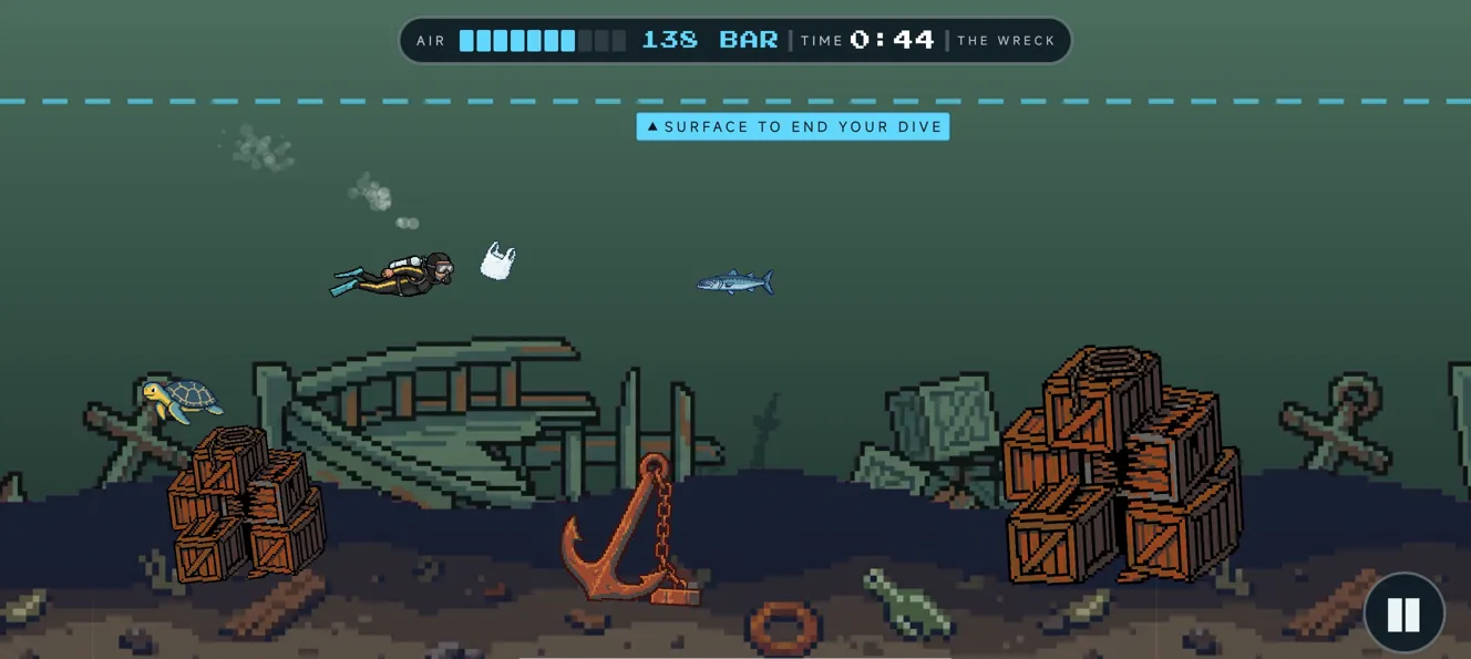 Bob swimming over the sunken shipwreck, anchors and crates on the sea floor